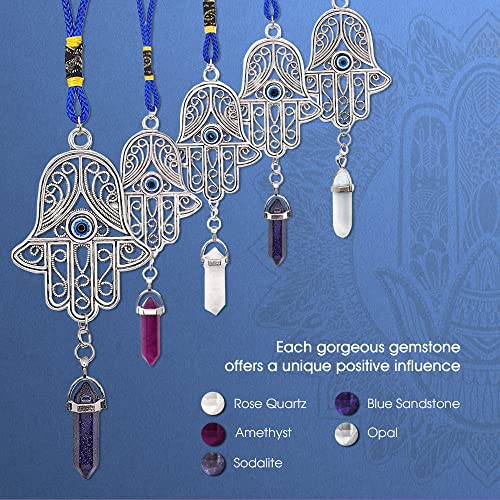 LUCKBOOSTIUM Silver Ornate Hamsa Hand Jeweled Keychain - Evil Eye Protection, Hanging Gemstone - Good Luck Charms 1.8"x9" Amethyst