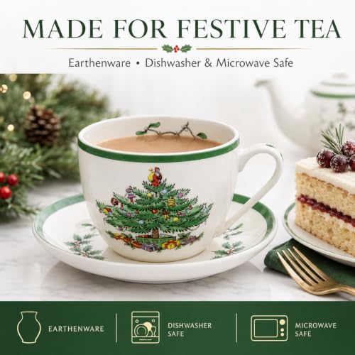 Spode Christmas Tree Teacup & Saucer Set, 7 Ounce, Made in England