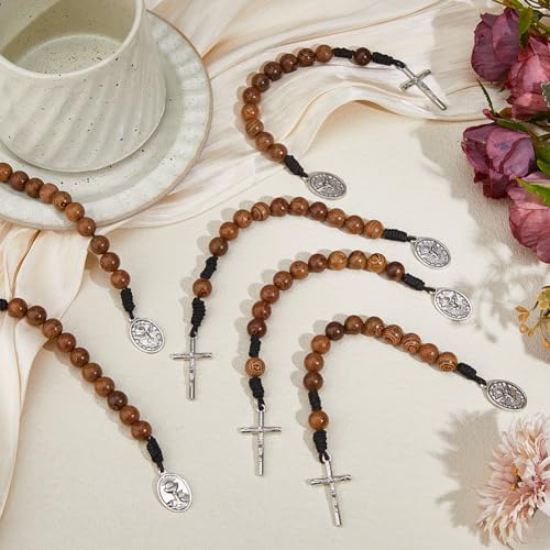 DICOSMETIC 6Pcs Saint Benedict Medal Pocket Rosary Open Style One Decade Rosary Wood Beads with Antique Silver Medal and Crucifix Catholic Christian Religious Gift Pack for Men Women