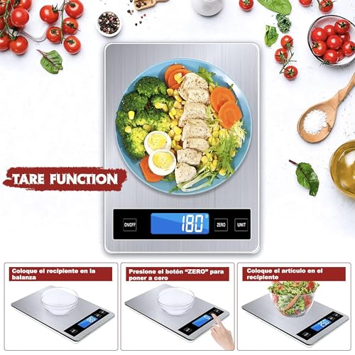 Kitchen Scales, 33lb/15kg Digital Kitchen Cooking Scales with LCD Display +Stainless Steel+Tempered Glass, Accuracy up to 1g - g/kg/lb:oz/ml/fl'oz -USB or Battery Operated