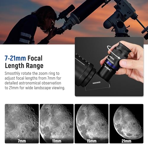 NEEWER Zoom Telescope Eyepiece with 7-21mm Focal Length Range, 40°-57° Field of View, 15mm Eye Relief, 5 Elements in 3 Groups for Astronomic Telescopes with 1.25 Inch Barrel, LS-T22