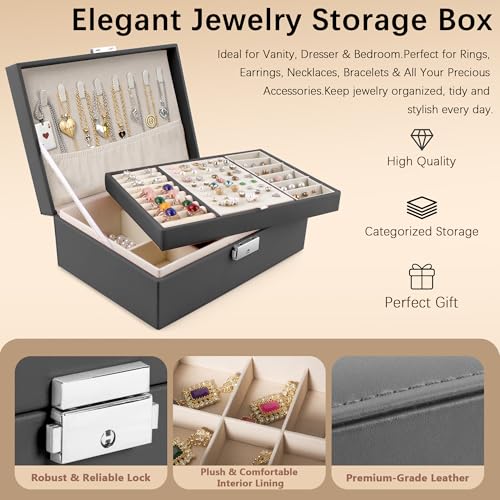 Homeanda Jewelry box 2 layer Jewelry box Leather Jewelry boxes for Women Girls Teens Jewelry organizer box Jewelry Storage box with lock(Black) Black