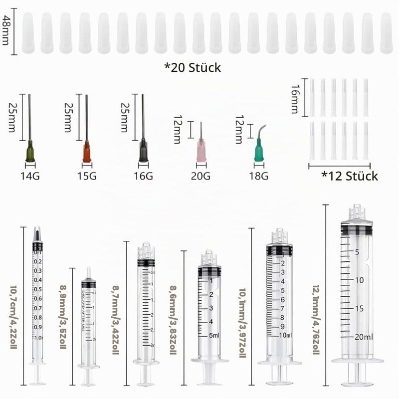Syringes with Needle, 1 ml, 2 ml, 3 ml, 5 ml, 10 ml, 20 ml Syringes with Cannula, Pack of 20 | Blunt Needles and Caps for DIY Craft Refill Adhesive, Measuring Liquids, Glue Applicator, Oil