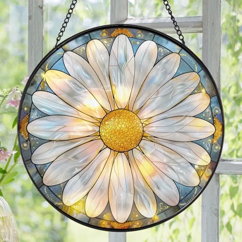 Radiant Daisy Flower Suncatcher -7.9 in Stained Glass Window Hanging Sun Catcher Garden Decor Gold