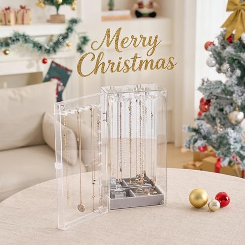Lolalet Necklace Holder Organizer, Acrylic Jewelry Organizer with 24 Hooks, Rotating Clear Necklaces Display Box with Built-in Mirror, Dust-proof Jewelry Storage Case with Velvet Tray -Clearmirror 1 -Clearmirror