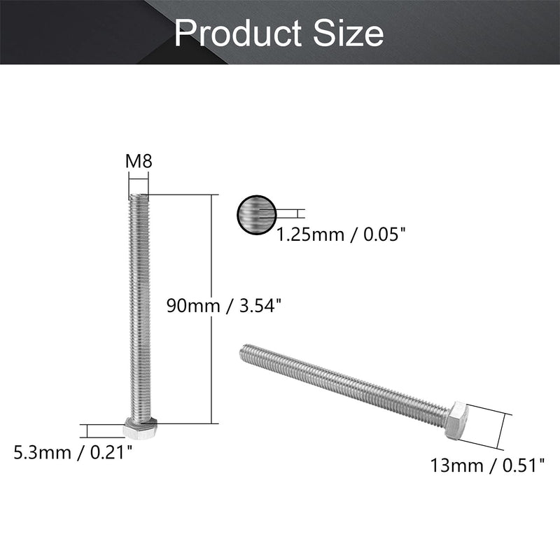 MroMax M8 Hex Bolt M8-1.25 x 90mm Hex Bolt Hex Head Screw Bolts 304 Stainless Steel Fully Threaded Hex Tap Bolts 10Pcs M8 x 90mm 10