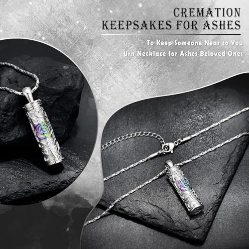 Rose Flower Urn Necklace Cylinder Bar Urn Necklace for Ashes Pendant Necklace Keepsake for Ashes Memory Keepsake Cremation Jewelry for Women Memorial Rainbow
