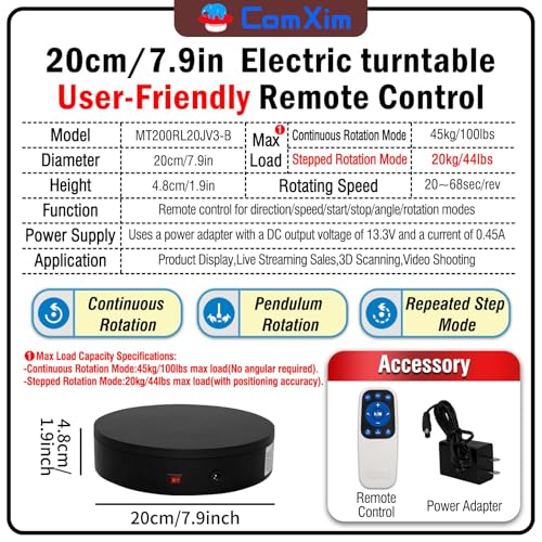 Remote Motorized Electric Turntable Rotating Display Stand Spinning Rotating Platform 360 Photography Turntable lazy susan base giratoria para for Photography,Display,3D Scan,Exhibition rotating table 7.9inch/Black/100Lbs Load