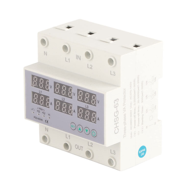 3 Phase DIN Rail Voltmeter Voltage and Current Protector Digital Display 3 Phase Voltage Monitoring Sequence Relay AC 390‑500V (63A) 63A