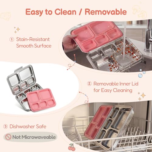 Stainless Steel Bento Lunch Box： 7+Older Kids，Teens and Adults, Leak-Proof, BPA-Free, 5 Compartments, Eco-Friendly, Durable Lunch Box for School, Office, Fitness, Travel, and Meal Prep–（Pink) Pink