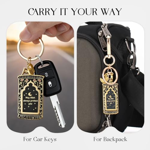 Islamic Keychain - Gold-Plated Enamel Muslim Keychain with Quran Verse and Charms, Islamic Gifts for Women or Men Black