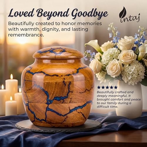Wooden Cremation Urn for Human Ashes, 150 Cu in, Medium, Tall Vase Tall Vase - Blue Resin Medium (150 Cu In, to 150 lb)