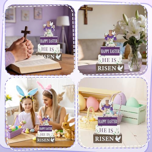 4 Pcs He Is Risen Wooden Table Sign Christian Table Centerpiece Religious Cross Easter Tiered Tray Decor Rustic Farmhouse Wooden Stack Block Signs for Home Kitchen Shelf
