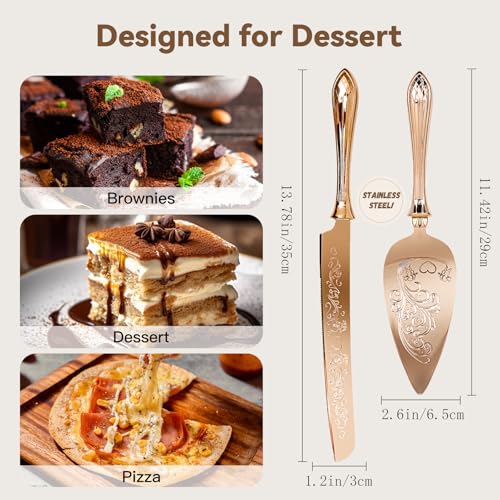 KSENDALO 2 Pcs Elegant Wedding Cake Cutting Set, SUS304 Stainless Steel Rose Gold