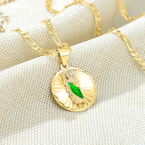 18K Gold Plated Saint Jude Medal Pendant Necklace, Religious Catholic Jewelry with Green Enamel Detail, Sunburst Design