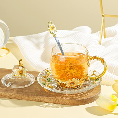 Floral Yellow 12oz Hand Painted Glass Teacup with Lid, Spoon & Saucer - Gift for Mom, Teacher, Lovers - Christmas, Valentine's Day, Mother's Day 12oz Crystal Daisy