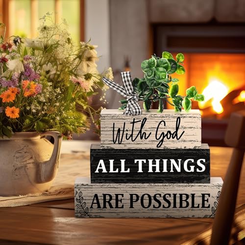 Geelin 4 Pcs Christian Farmhouse Wooden Table Decor Religious Tiered Tray