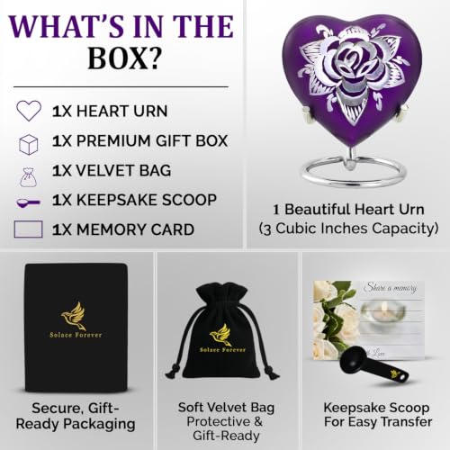 Rose Heart Shaped Keepsake Urn for Human Ashes - Mini Memorial Urn with Display Stand, Velvet Bag & Premium Gift Box - Engraved Metal Urn for Baby, Boy, Girl, Parents, Loved Ones (Purple, Small) Purple