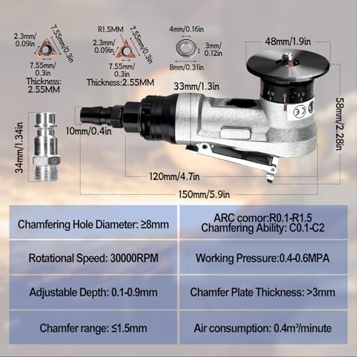 Mini Pneumatic Chamfering Machine, Handheld Beveling Machine Tool Pneumatic Chamfer Tool 45 Degree for Metal Wood Trimming Chamfer Deburring, Aluminum Alloy Shell (6*R+ 6*C Blade+6*Bearing) 6*R+ 6*C Blade+6*Bearing