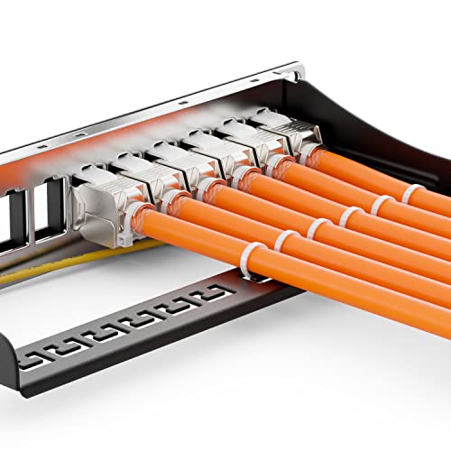 deleyCON 12-Port CAT7 Patch Panel Set 10 Inch 1U 10 Gbit/s - Black | Modular patch panel distribution panel, rack-mountable with 12x CAT 7 Keystone Modules RJ45, LAN network, 600 MHz, installation cable, black (RAL 9005 jet black)