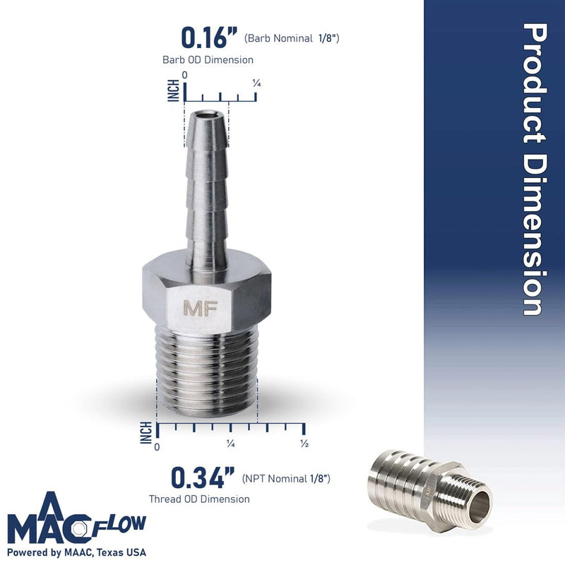 [Australia - AusPower] - Stainless Steel Barb Barbed Hose Fitting 1/8" Hose ID Barb to 1/8" Male NPT (Thread OD 0.34") Adaptor Connector (Pack of 1) 1/8" Barb x 1/8" Male NPT Pack of 1 