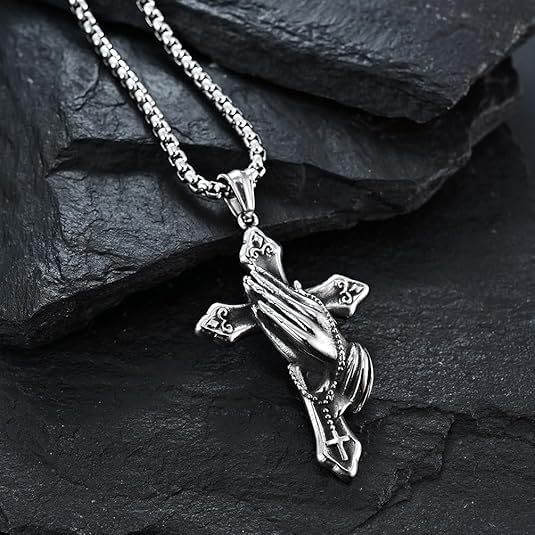 Praying Hand Cross Necklace for Men Stainless Steel Retro Small Prayer Hands Pendant Men Women for Christian Cross Jewelry Gift
