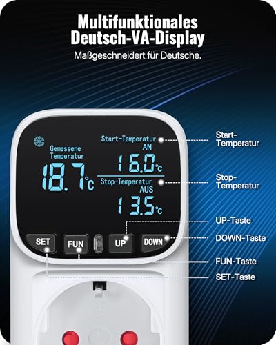 German Temperature Controller, Socket 230 V with Sensor, 4 Time Modes | White Thermostat Socket, Temperature Switch, Socket Thermostat for Heating, Greenhouse, Fan, Kettle