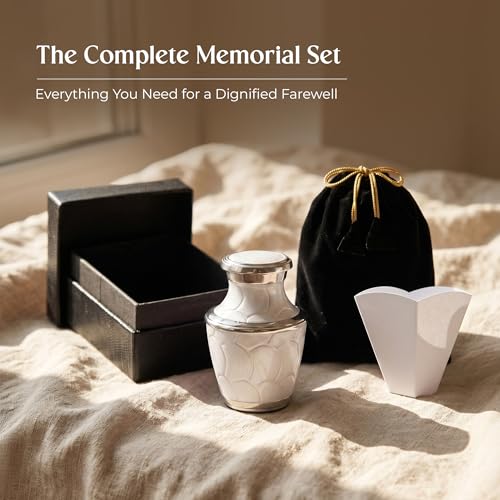 Mini Aluminum Cremation Urn for Human Ashes, 3 Cubic Inch Keepsake Size, Lacquered White Finish, Threaded Lid, Felted Base, Velvet Bag and Funnel Included Keepsake (3 Cu In)