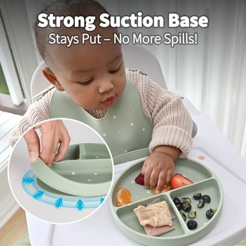 Little Rawr Baby Led Weaning Bundle, 100% Silicone Baby Feeding Set Includes Divided Plate, Suction Bowl, Straw Cup, Bib, Spoon & Fork, Develops Self Feeding Skills, Dishwasher Safe (Purple) Pink
