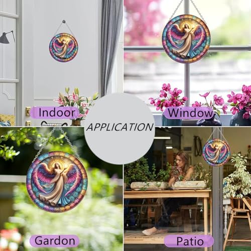 Angel Stained Window Hangings with Chain– Acrylic Round Ornament for Garden, Patio and Indoor Decor, Housewarming Gift for Mom, Grandma