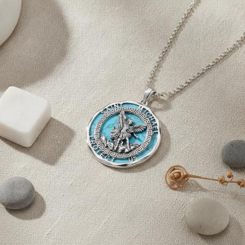 ONEFINITY St Michael Pendant for Men S925 Sterling Silver Saint Michael Turquoise Pendant Necklace Archangel Medal Catholic Religious Turquoise Jewelry Gifts for Men Women
