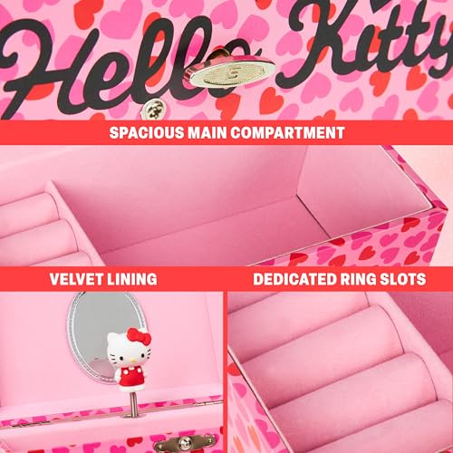 Hello Kitty Sanrio Musical Jewelry Box for Girls Teens Women Kawaii Wind Up Music Box Jewelry Organizer Ring Holder Gifts for Women (Pink
