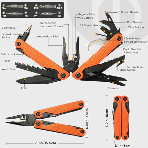 BIBURY 9oz lightweight G10 handle multitool and one-hand opening pocket knife in orange
