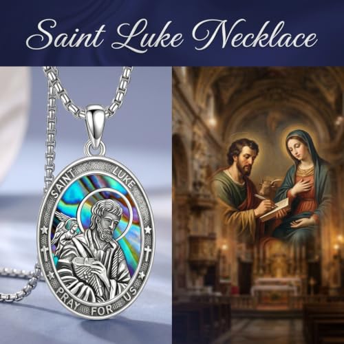 DAYLINLOVE Saint Luke Necklace 925 Sterling Silver St Luke Abalone Shell Pendant Necklace Christian Religious Catholic Jewellery Gift for Women Men
