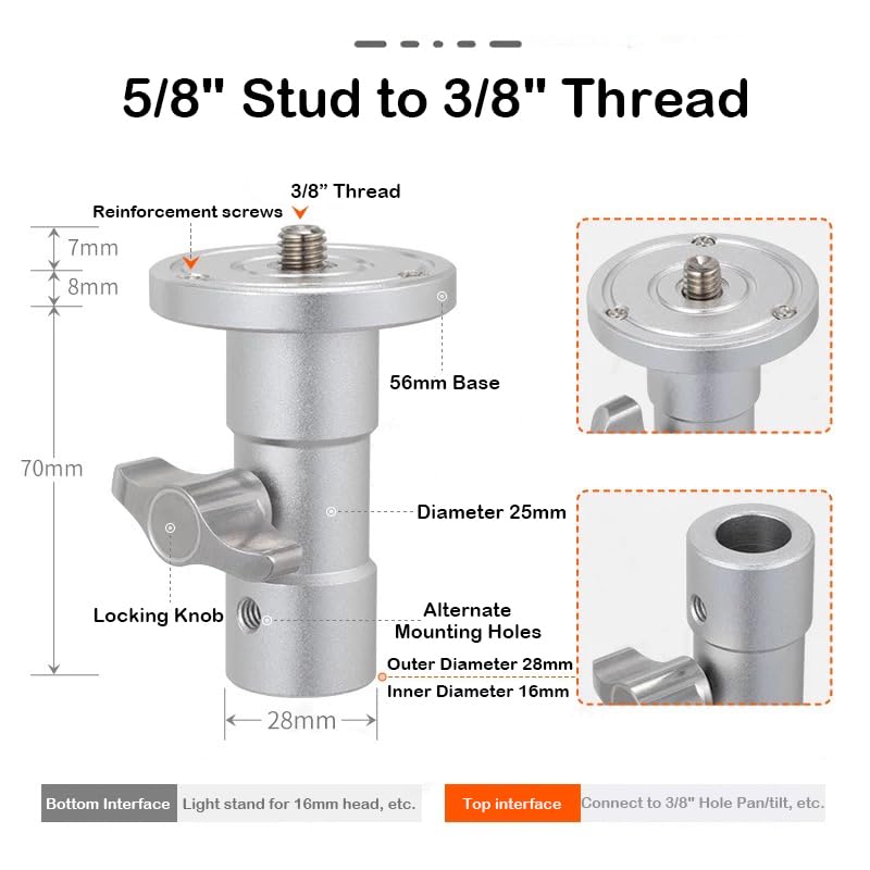 2-Pack 5/8" to 3/8" Baby Pin Adapter for Light Stands 2