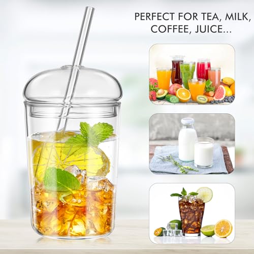 UPKOCH 2 Pcs Glass Cups with Lids and Straws Coffee Tumblers Heat Resistant Milk Cup Clear Drinking Glasses for Bubble Tea Smoothie Coke Soda Home Office Bar 2PCS