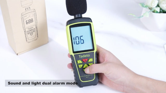 Decibel Meter, Tadeto Sound Level Meter Portable dB Meter 30dB to 130dB (5 Measuring Range) Backlight LCD Display, MAX/MIN, Acoustic and Visual Alarms, Data Hold, A/C Weighted Green