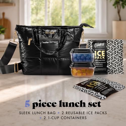 Fit & Fresh Eliana Lunch Tote, Insulated Lunch Bag w/Ice Packs, Containers Black