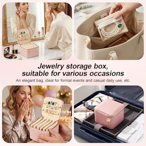 Travel Jewelry Case Organizer - Compact PU Leather Jewelry Box with 6 Small Portable Velvet Jewelry Pouches & 2 Inner Lid Slots for Rings Earrings Necklaces Bracelets,Ideal Gift for Women Girls (Pink) pink