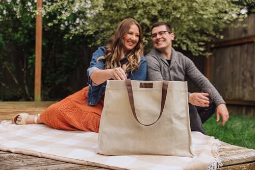 PICNIC TIME beige waxed canvas tote with leatherette handles, reusable grocery bag for shopping and picnics.