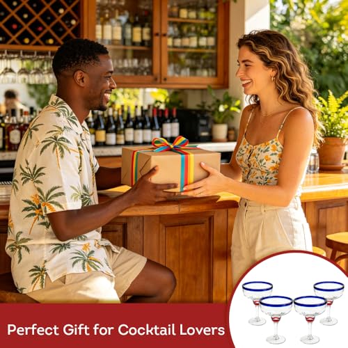 Lily's Home Unbreakable Margarita Glasses - 14 oz Shatterproof Plastic Set of 4 with Cobalt Blue Rims, Reusable Crystal Clear Stemware for Martini, Frozen Drinks, Pina Coladas & Cocktails Modern