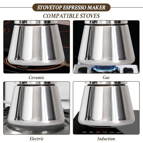 LAOION Stovetop Espresso Maker, 6Cup 10 oz Moka Pot, Stainless Steel Silver 6-Cup