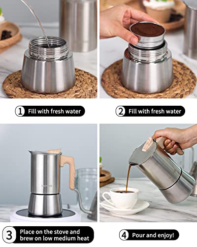Sivaphe Stovetop Espresso Maker Stainless Steel 9 Cups, Induction-Capable Mocha Pot 450ml, Coffee Percolator with Replacement Silicone Gasket Steel Filter and Instructions (1 Cup=50ml) 9 CUP stainless