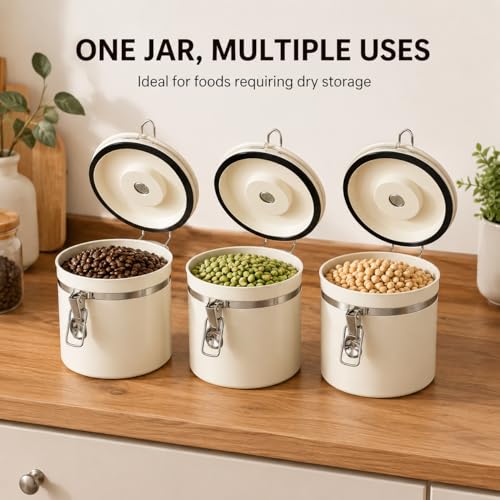 MEGAWISE EGAWISE Coffee Canister, 1.5L Airtight Stainless Steel Coffee Container with CO2 Valve, Date Tracker, Locking Lid, 304 Inner Bowl for Coffee Beans, Grounds, Tea, Sugar, Cream White 1.5 liters