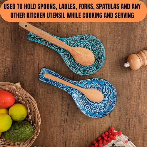 Ceramic Spoon Rest for Stove Top & Kitchen Counter, 9" Hand-Painted (2 PCS) Blue-Turquoise (Set of 2)