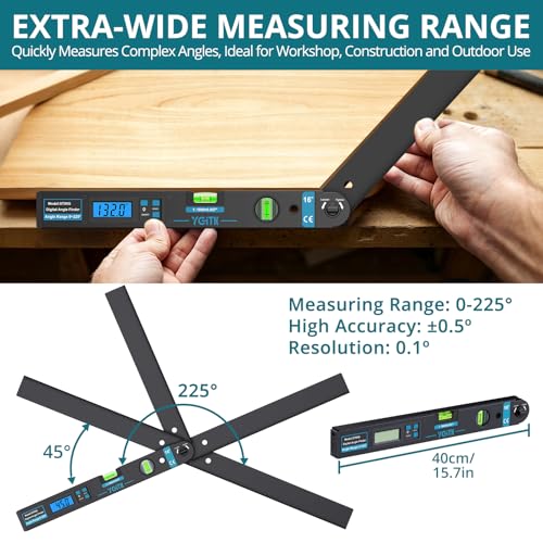 YGiTK digital angle finder with 225° aluminum protractor, backlit LCD display, and bubble levels