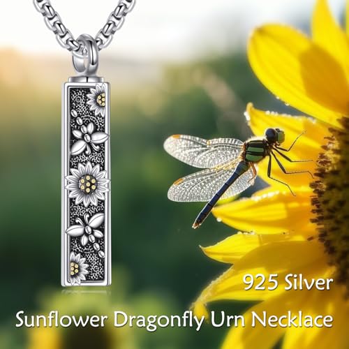 VONALA 925 Sterling Silver Square Sunflower Dragonfly Urn Necklace for Ashes Memorial Jewelry with Always in My Heart Engraving for Women