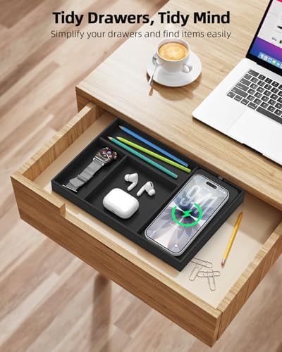 Valet Tray with Wireless Charger, Nightstand Organizer & Catchall Tray for Phone, Keys, Glasses and Accessories, Premium Linen, Stylish Desk & Bedside Storage Station, Black Black linen Single Charger