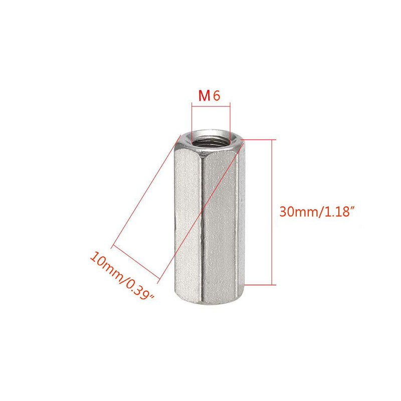 [Australia - AusPower] - 5PCS M6 X 1-Pitch 30mm Length 304 Stainless Steel Metric Hex Coupling Nut 