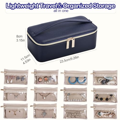 Large Jewelry Travel Box with 12 Velvet Jewelry Pouches, Portable Travel Jewelry Case for Women, PU Leather Jewelry Box Organizer for Necklace, Rings, Earrings, Bracelets (Dark Blue) Dark Blue
